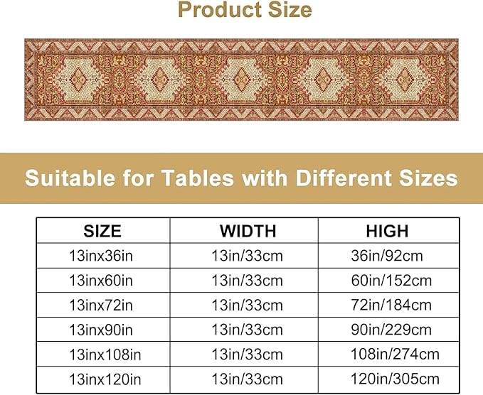 Boho Bohemia Style Orange Table Runner, Country Rustic Farmhouse Magical Abstract Print Pattern for Home Kitchen Table Decor Dining Coffee Room Garden Party Decor 13x90in