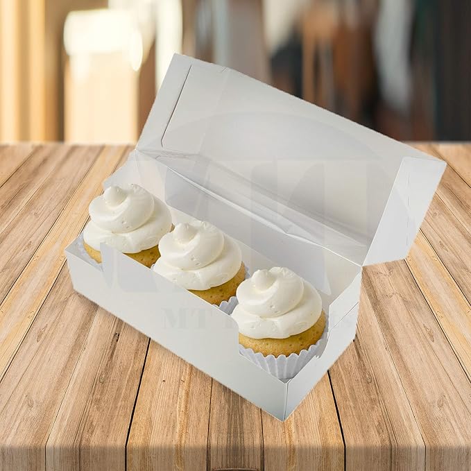 MT Products White Cupcake Boxes 9" x 4" x 3.5" - Bakery Boxes with Window (Pack of 15) - Made in USA