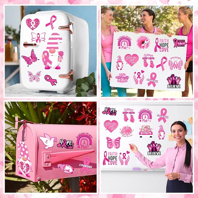 Xuhal 25 Pcs Breast Cancer Awareness Magnets Decoration Pink Gnome Ribbon Butterfly Flower Love Decorative Fridge Magnetic Stickers for Mailbox Car Metal Garage Door Decoration