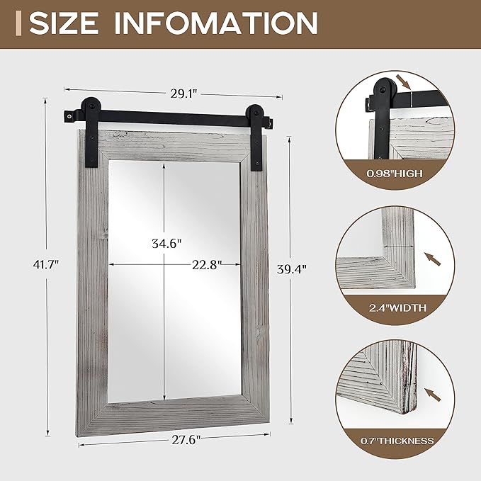 COGOOD Farmhouse Bathroom Mirror - 42 x 29 Rustic Barn Door Style Mirror for Living Room, Entryway, Vanity Wall Decor (Grey)