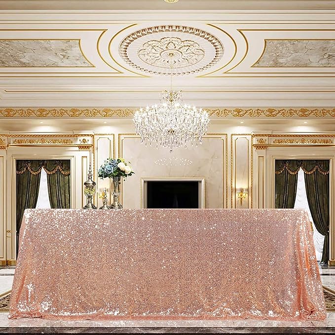 QueenDream Tablecloth 90x156 Rectangle Sequin Table Cloth Rose Gold Wedding Table Linens Glitter Birthday Bridal Party Indoor Outdoor Decorations
