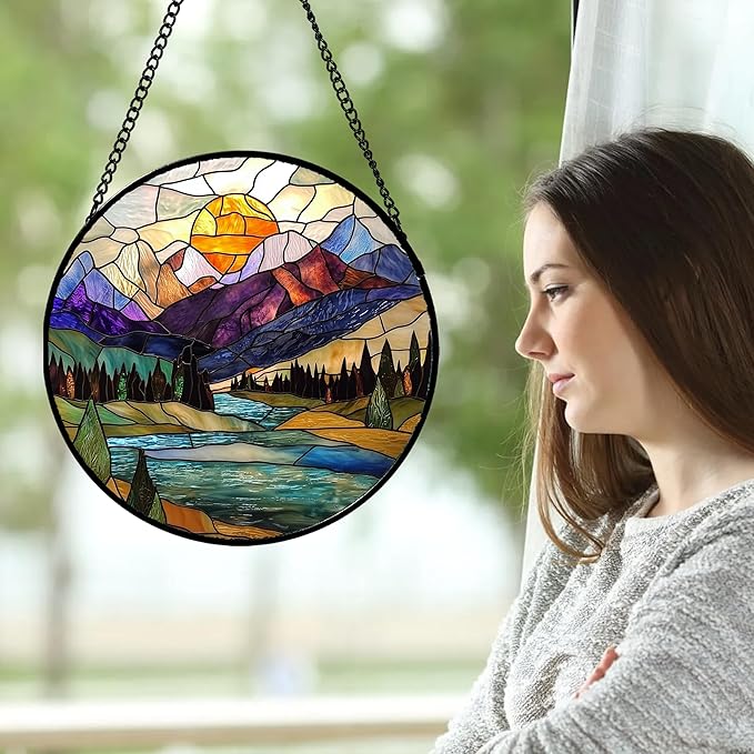 Stained Glass Window Hanging, Blue Lake Golden Sun Abstract Mountains Landscape Suncatcher for Doors Window Home Sun Catchers Decor Mother's Day Birthday Gifts for Women Men Mom 7.8 in