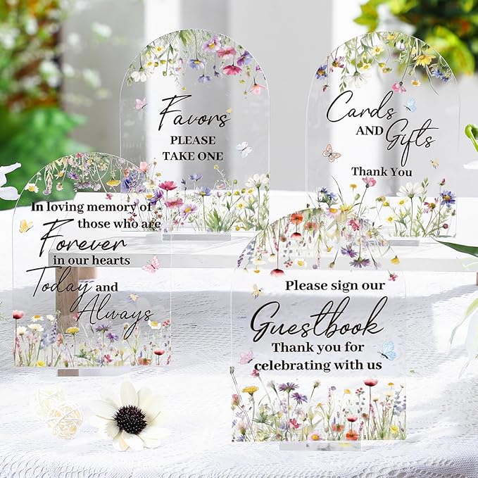 4 Pcs Flower Acrylic Wedding Signs for Ceremony and Reception Guest Book Wedding Cards and Gifts Sign Please Take One Couple Loving Memory table Decor(Flower)