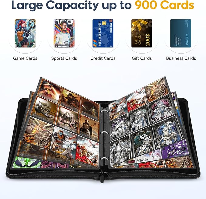 9 Pocket Card Binder, 900 Double Sided Pockets, PU Collection Binder for MTG, TCG, Sports Cards, Black (Carbon Black)
