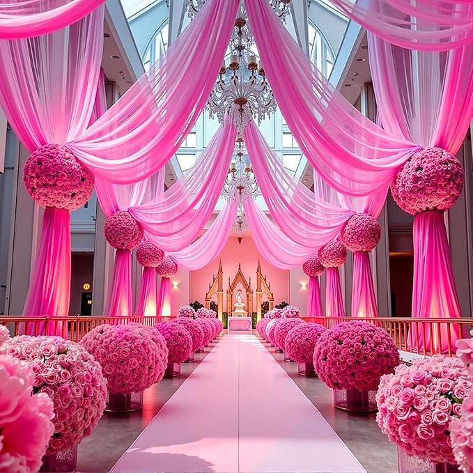 Wedding Arch Draping Fabric,1 Panel 18FT Hot Pink Sheer Chiffon Curtain Drapes 6 Yards for Wedding Ceremony Birthday Party Decoration