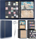 Lewtemi Stamp Collecting Albums Set Stamp Collection Book Include 20 Pages Album Binder Tweezer and Loop Magnifier Collecting Supplies for Collectors(Blue,1/2/3/4 Rows)
