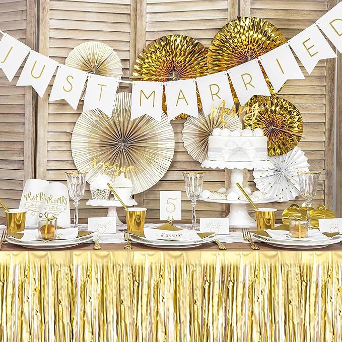 3 Pack 29 x108 Inch Light Gold Foil Fringe Table Skirts Metallic Banner for Tinsel Streamer Garland Backdrop for Parade Floats Mother's Day, Graduate, Birthday, Wedding Party Decoration