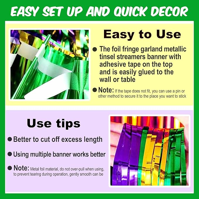 4 Pack 10 Ft Gold Green Purple Foil Fringe Garland Metallic Streamers Tinsel Banner Wall Hanging Garland Backdrop for Parade Floats, Halloween, Christmas, Thanksgiving, New Year Party Decorations