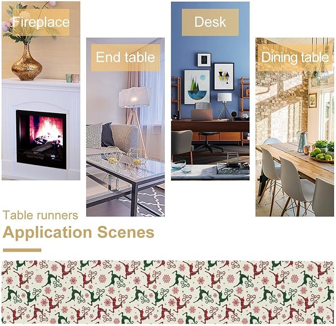 Christmas Table Runner,Christmas Plaid Deer Print Farmhouse Table Cloth Kitchen Dining Table Decoration for Home Party Decor 13x70 Inch