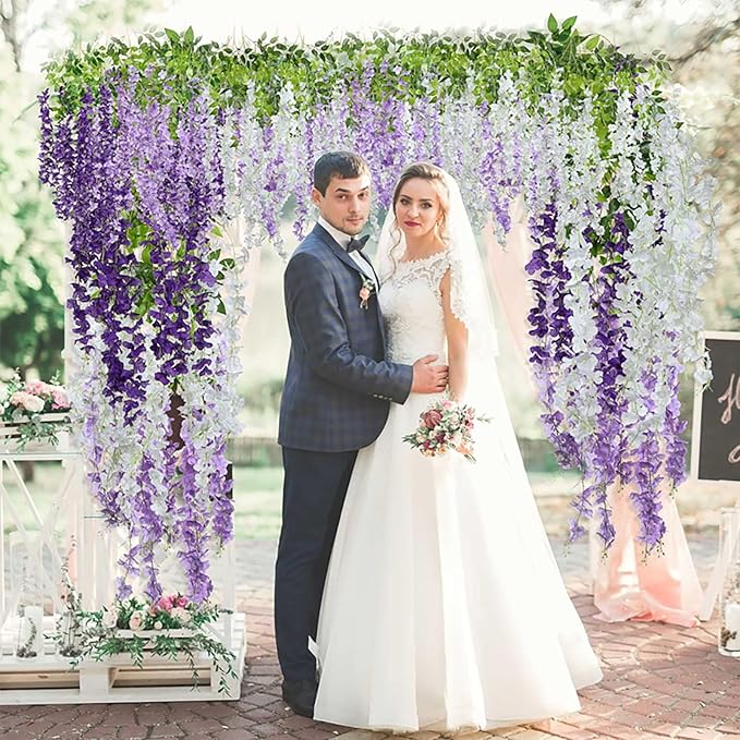 24 Pack Purple Wisteria Hanging Flowers Garland, 3.77 Feet Artificial Flower Vines, Fake Wisteria, Artificial Vines Hanging Garland for Backdrop Outdoor Yard Garden Decor