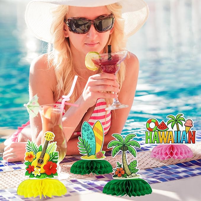 12Pcs Summer Honeycomb Hawaii Table Centerpieces Luau Aloha Table Toppers Tiki Honeycomb Centerpieces Tropical Flamingo Table Decorations for Beach Pool Luau Birthday Wedding Party