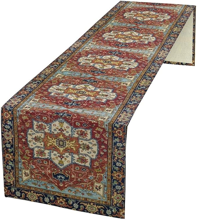 Vintage Boho Floral Table Runner, Rustic Country Farmhouse Red Blue Gold Retro Flower Pattern for Home Kitchen Table Decor Dining Coffee Room Party Decor 13x90in