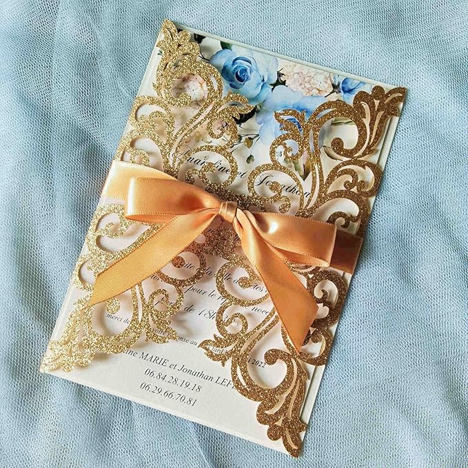 25PCS Gold Glitter Laser Cut Wedding Invitations Cards with Envelopes,Blank Inner Sheets,Ribbons for Wedding Bridal Shower Quinceañera Engagement Birthday Invites