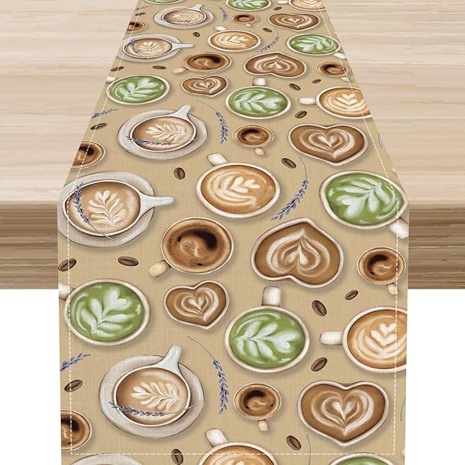 Coffee Theme Table Runner, Farmhouse Retro Brown Coffee Cup Tea Party Rustic Cafe Table Center Decor for Home Kitchen Dining Patio Holiday Party Indoor Outdoor Table Decorations,13"x72" Inch