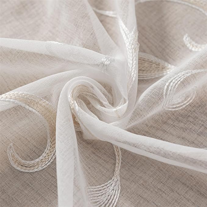 VISIONTEX Sheer Voile Curtains, Decorative Beige Leaves Embroidery Faux Linen Rod Pocket Window Drapes for Home Kitchen, Living Room and Bedroom 54 x 54 Inch, Set of 2 Curtain Panels