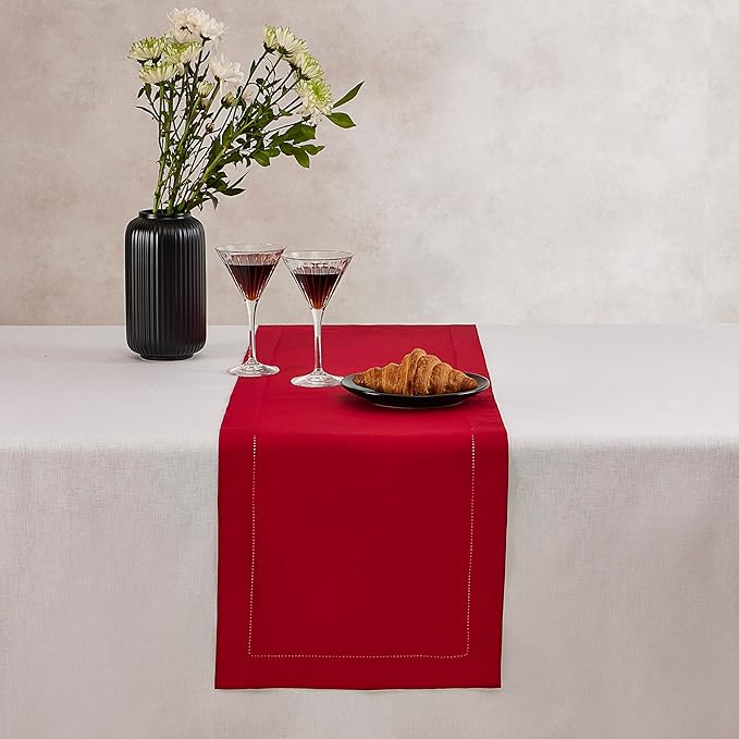 Red Table Runner 90 Inch – Cotton Linen Hemstitch Farmhouse Table Runner 14x90 –Washable Fabric for Dining, Fall, Halloween, Thanksgiving, Spring, Summer, Wedding, Everyday Décor – Serena