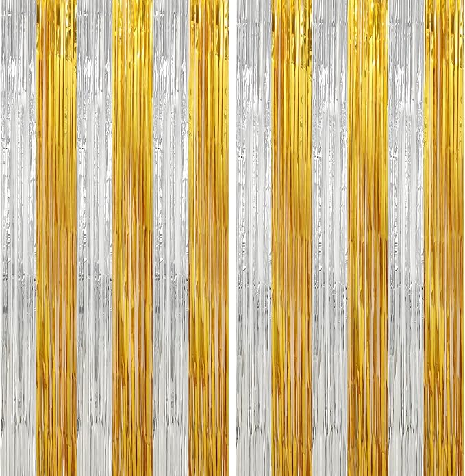 Crosize 2 Pack Foil Fringe Curtains Party Decorations, Gold Tinsel Curtain Backdrop for Parties, Door Streamers, Glitter Streamer Fringe Backdrop for Birthday Decoration (Gold and Silver, 2 Pack)