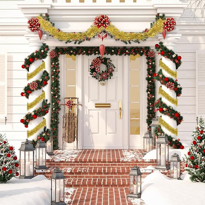 32.8 Ft Gold Christmas Tinsel Garland Metallic Shiny Tassle Banner Wall Hanging Tinsel Streamers Backdrop for Christmas Holiday Birthday Party Supplies Indoor Outdoor Ornaments Home Decor