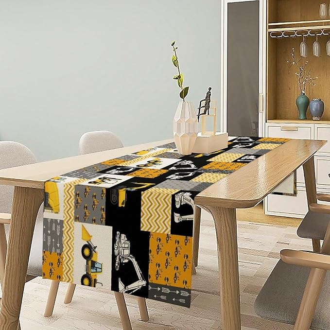 Excavator Table Runner,Boys Kids Construction Vehicles Equipment Trucks Cartoon Car Tablecloth Burlap for Hotel Indoors Outdoor Dining Room Kitchen Holiday Party, 13x108in