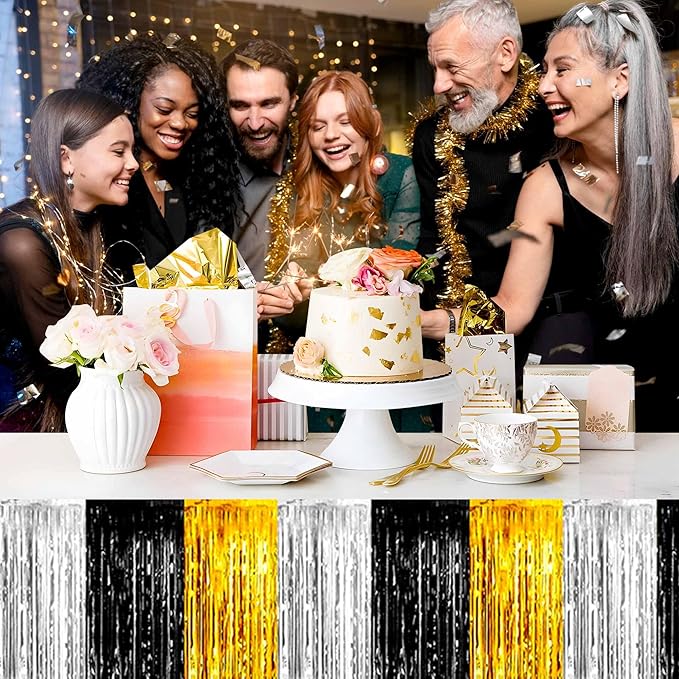 3 Pack 29 x108 Inch Black Gold Silver Foil Fringe Table Skirts Metallic Banner for Tinsel Streamer Garland Backdrop for Parade Floats Mother's Day, Graduate, Birthday, Wedding Party Decoration