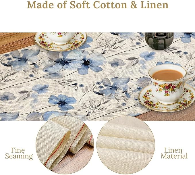 Watercolor Floral Table Runner, Blue Poppy Flower Seasonal Spring Summer Table Runner for Kitchen Dinning Table Runner Decor Home Wedding Party Holiday, 13x108 Inch