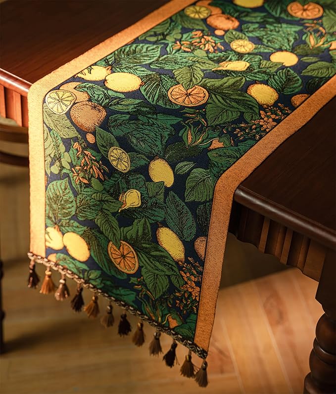 13×72 Inch Table Runner, Retro-Luxury Tassels Series for Kitchen Dining Table Holiday Decoration (Lemon Garden)