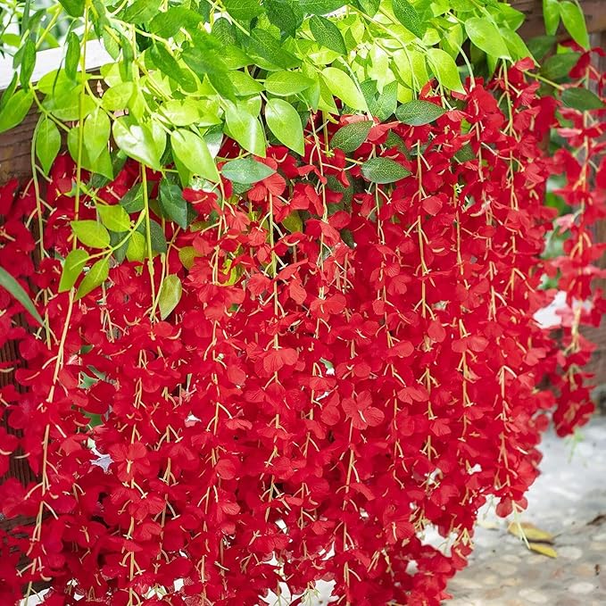 12 Pack Red Wisteria Hanging Flowers Garland, 3.77 Feet Artificial Flower Vines, Fake Wisteria, Artificial Vines Hanging Garland for Backdrop Outdoor Yard Garden Decor