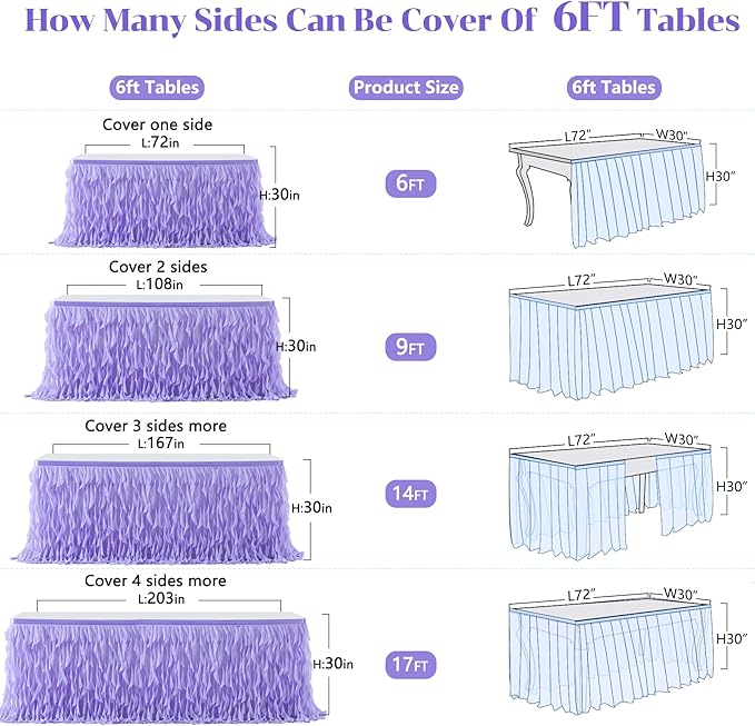 PARTISKY Lavender Purple Tulle Curly Willow Table Skirt for Rectangle Table 9ft, Ruffle Tutu Table Cloth for Girls Boys Baby Shower,Mermaid Birthday Party