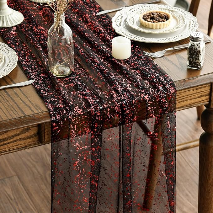 Artoid Mode 3PCS Black Red Gold Gauze Table Runner 120 Inch 10FT, Glitter Metallic Foil Sheer Dining Wedding Anniversary Holiday Table Decor for Home Party