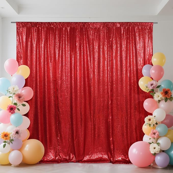 SquarePie Sequin Backdrop Curtain Not See Through Thick Glitter Background for Party 8FT x 10FT Red