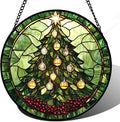 Stained Glass Window Hanging - Green Christmas Tree Golden Bells Suncatcher for Doors Home Christmas Decoration Sun Catcher Thanksgiving New Year Birthday Gift for Women Men Mom Nana 15 in