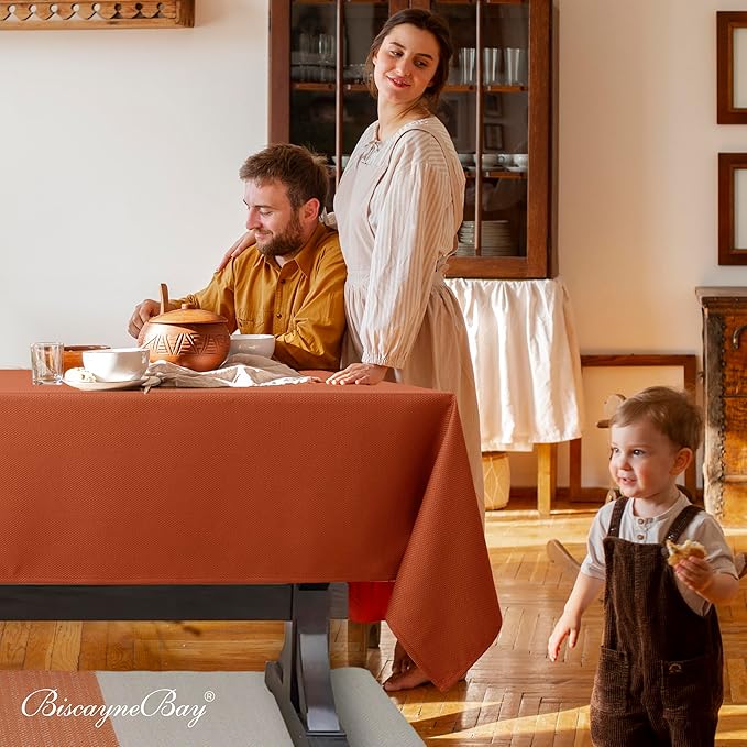 Biscaynebay Fall Tablecloth Textured Fabric 90x132 Inch Rectangular, Rust Thanksgiving Autumn Harvest Water Resistant Fabric Tablecloths for Kitchen, Dining, Wedding, Parties Machine Washable