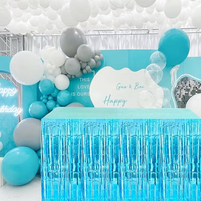 Light Blue Streamers Party Decorations, 2 Packs Ocean Blue Table Skirts Metallic Foil Fringe Tinsel for Birthday Under The Sea Shark Boy Baby Shower Winter Party Supplies -29x108Inch