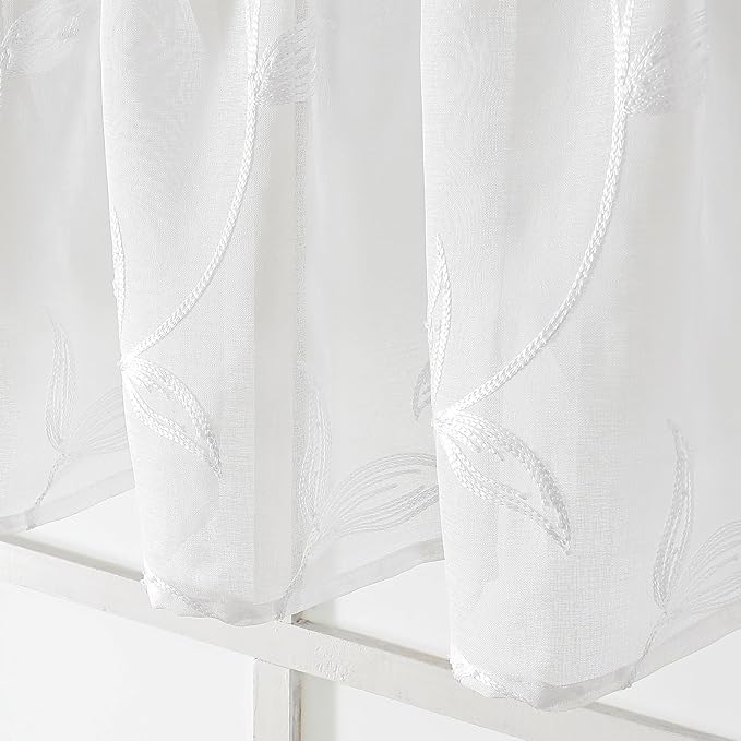 VISIONTEX Sheer Voile Curtain Valances, Decorative Leaves Embroidered, Rod Pocket Window Treatment for Kitchen/Rustic Bedroom/Living Room (54 x 16 Inch,1 Panel)