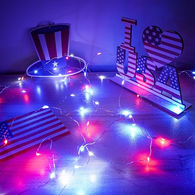 Christmas Fairy Lights Decorations, 4-Pack Red White and Blue Battery Operated Lights with Timer, Waterproof 16FT 50 LED String Light Indoor Outdoor for Xmas Tree Party Home Memorial Day DIY Decor