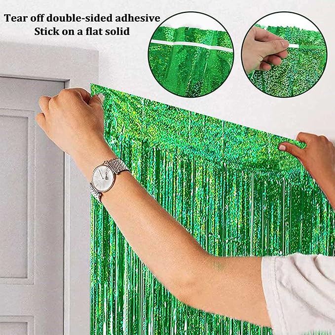 4 Pack Green Foil Fringe Curtain Backdrop, 3.28Ft x 8.2Ft Metallic Tinsel Foil Fringe Streamer Curtains for Photo Booth Props Decor Party Supplies