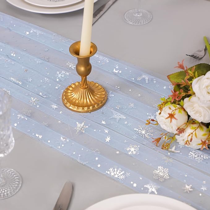 Snowkingdom Silver Snowflake Christmas Table Runner, 10ft Blue Cheesecloth Gauze Sheer Chiffon 120 Inch Winter Table Runner, Seasonal Holiday Kitchen Dining Decoration for New Year Outdoor Party Decor