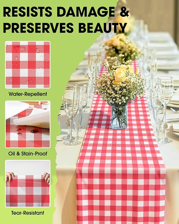 Pureegg Gingham Plastic Table Runners - 10 Pack, 14'' x 108'', Water Resistant & Disposable Plaid Centerpiece Decorations for Table Cloth, Birthday, Holiday, Party, Red and White Checkered Home Decor