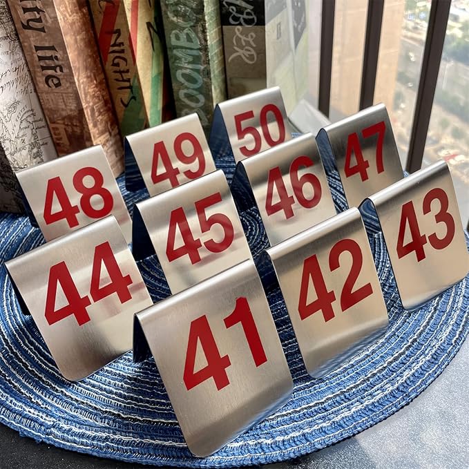 10 Pcs Metal Place Cards Stackable Tent Style Table Numbers，Place Card Holders for Celebration Wedding Party Restaurants Cafes Bars Gatherings meeting Room Board Game Serial (Medium 41-50, Red)