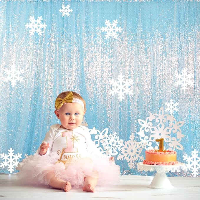 ShinyBeauty Aqua Photo Backdrop 8FTx10FT Sequin Curtain Sparkle Drapes Iridescent Blue Mermaid Fabric Backdrops for Photograph, Birthday, Wedding Background