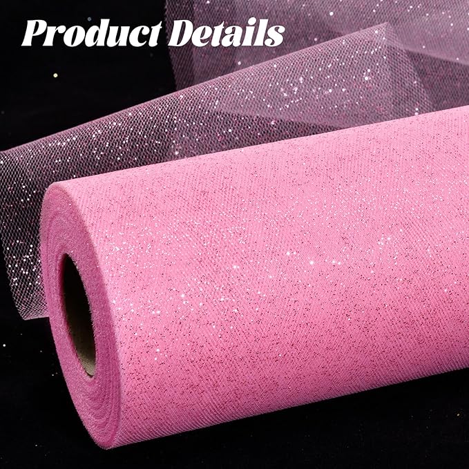 Glitter Tulle Rolls 6” by 50 Yards Sparkle Tulle Fabric Ribbon Sequin Tulle Netting Rolls for DIY Tutu Skirt Wedding Birthday Party Decoration (Pink)
