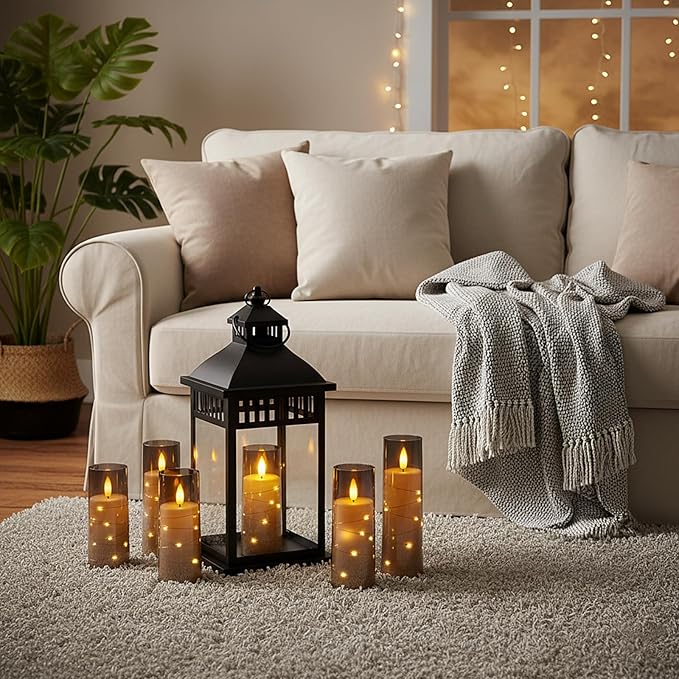 Raycare Flameless Candle with Remote Timer, 7 Flickering Acrylic Battery Operated LED Pillar Candles with Embedded Star String for Halloween, Home Decor, and as a Gift(Grey)