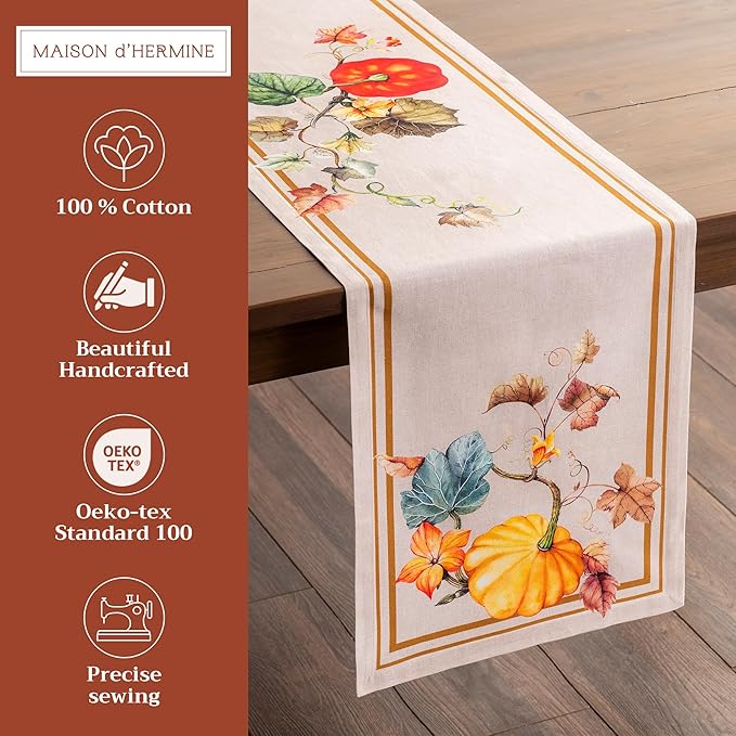 Maison d' Hermine Table Runner 100% Cotton Single Layer Table Runners 72 inches Long for Thanksgiving Christmas Decorations Home Kitchen Dining Party Wedding (Potiron, 14.5" x 72")