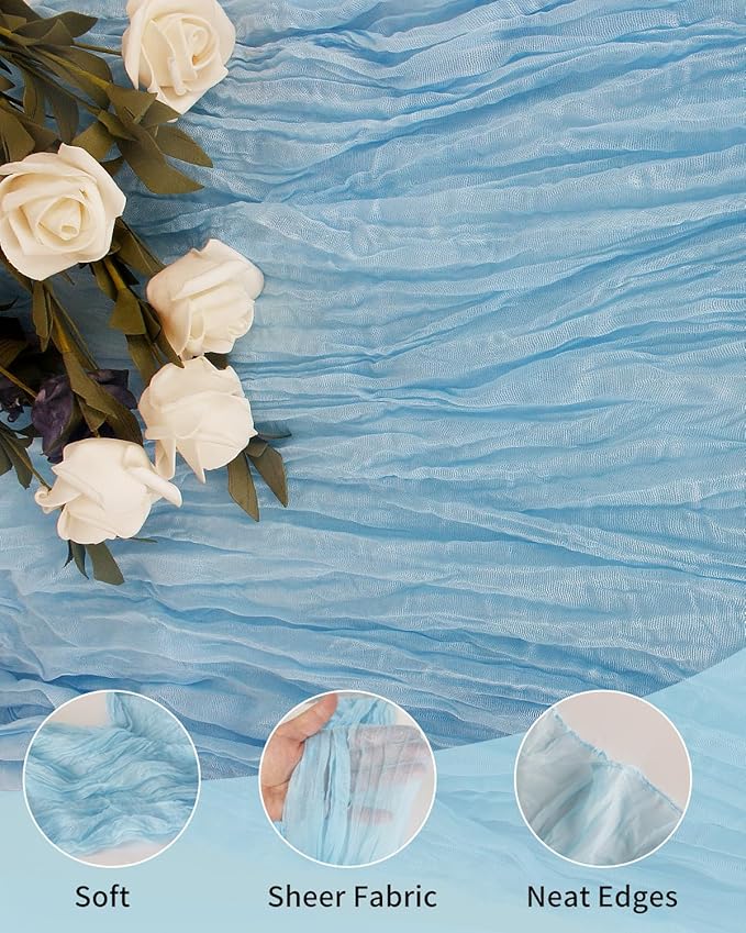 Blue Cheesecloth Table Runner 120 Inch, Light Blue Boho Gauze 10 FT, Rustic Cheese Cloth Table Runner for Wedding, Baby Bridal Shower, Birthday, Party, Holiday Decor Home Decorations