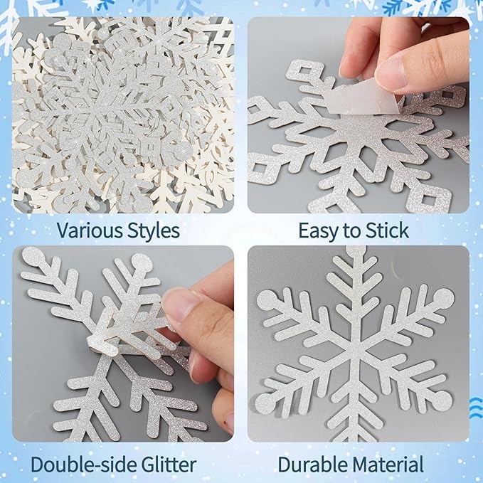 Winter Snowflake Cutouts Glitter Paper Snowflake Decorations - 100Pcs White and Silver Snow Flake Double-Side Christmas Cutouts for Holiday Winter Wonderland Bulletin Board, Frozen Party Decor