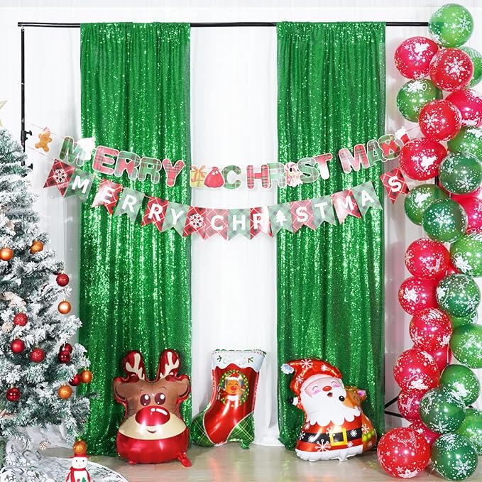 Poise3EHome 4Pcs 2Ft x 8Ft Green Sequin Backdrop Curtains, Glitter Photography Background, Sequence Xmas Thanksgiving Backdrop (Green, 4 pcs-2ftx8ft)