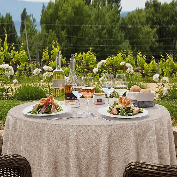 Fitable Faux Linen Round Tablecloths 60 Inches - 6 Pack Neutral Table Clothes Faux Burlap Table Covers for Kitchen, Dining Room, Party, Farmhouse, Outdoor (Great for 20"-48" Round Tables, Nature)