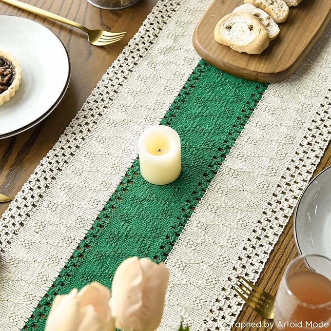Artoid Mode Dark Green Farmhouse Rustic Table Runner, Seasonal Holiday Hollow Kitchen Dining Table Decoration for Home Party Decor 12x108 Inch