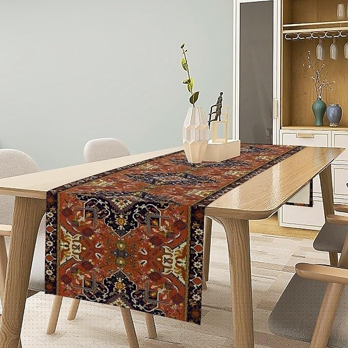 Vintage Boho Orange Table Runner, Country Rustic Farmhouse Magical Abstract Print Pattern for Home Kitchen Table Decor Dining Coffee Room Garden Party Decor 13x90in