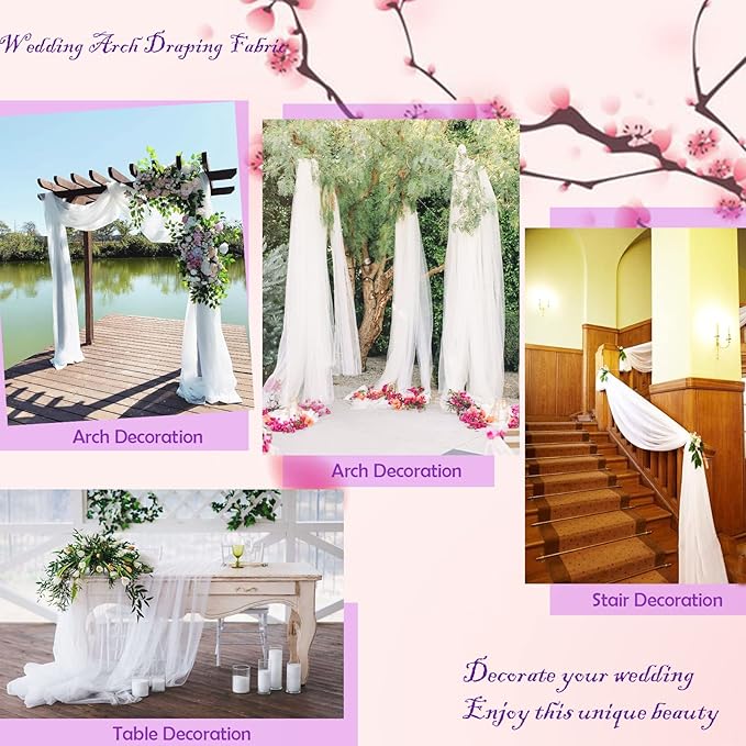 Wedding Arch Draping Fabric, 63" x 26Ft White Drapes for Wedding Tulle Fabric Drapery Sheer Backdrop for Ceremony Arch Stage Party Ceiling Décor